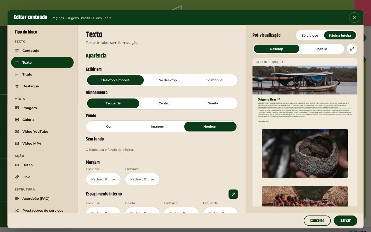 Imaflora - CMS e editor de blocos - tela 1