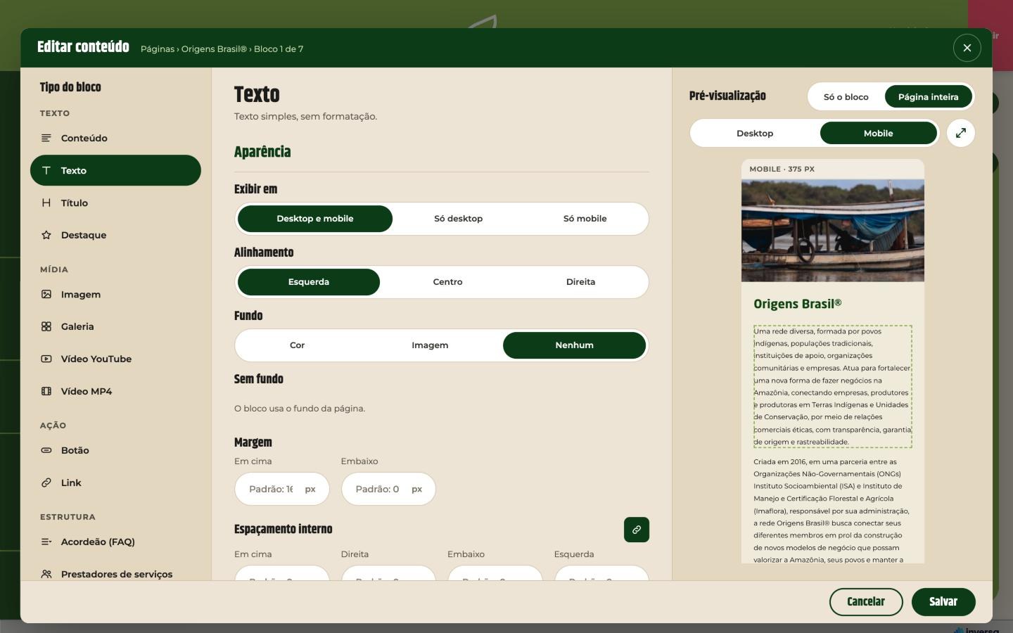 Imaflora - CMS e editor de blocos - tela 2